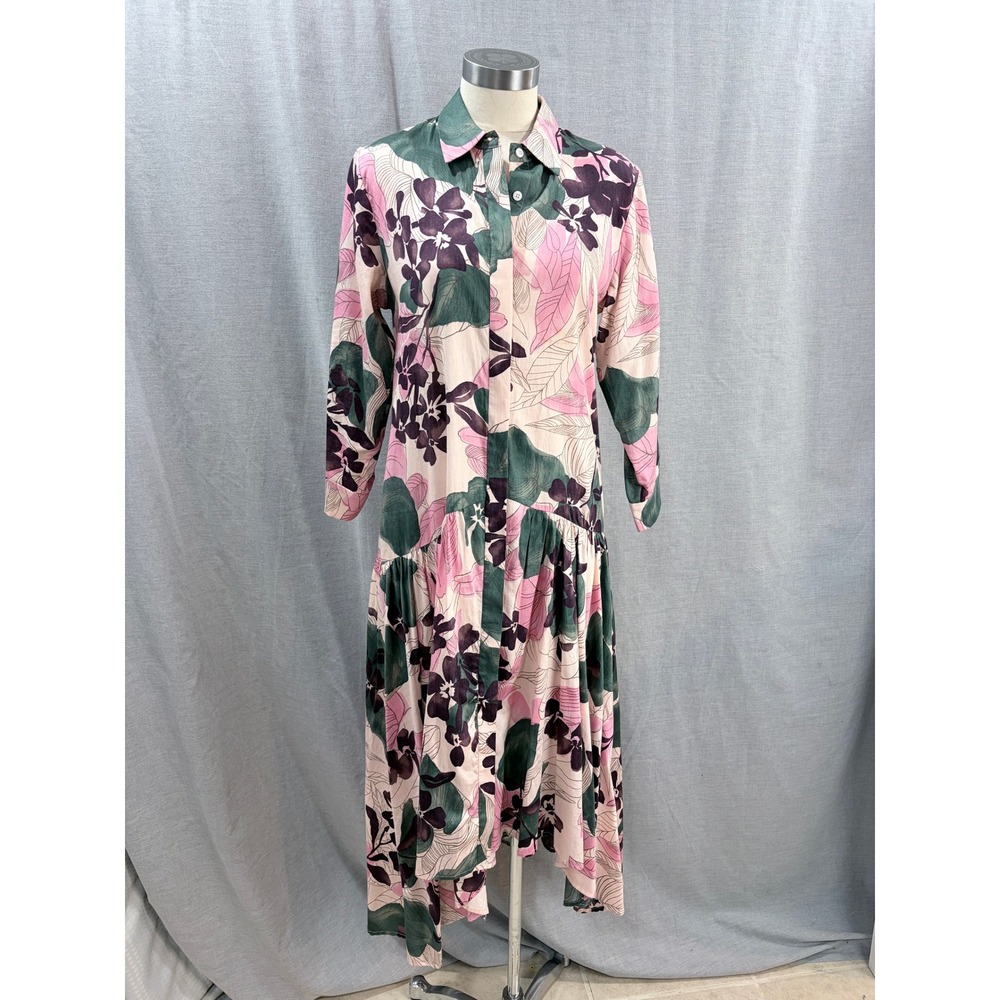 Alexis Beatrice Pink Green Floral Cotton Shirtdress Tiered High Low Midi Dress M - Picture 2 of 11